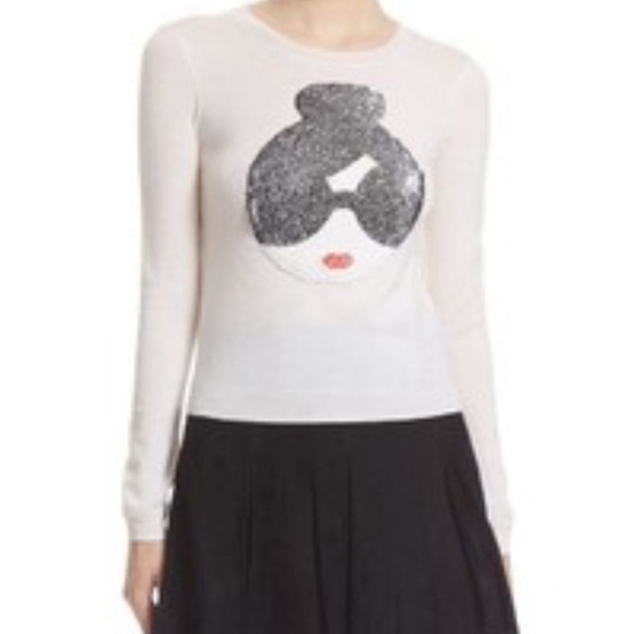 Alice + Olivia Cream Stace Face Sequin embellished stretch wool sweater - Picture 5 of 12